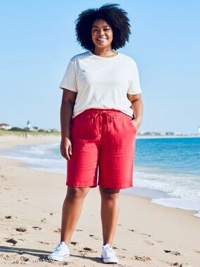 NA Fashion Red Linen Rayon Bermuda Shorts Women’s 2X Casual Summer